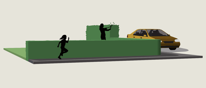 Bild på springande barn och en bil vid en häck