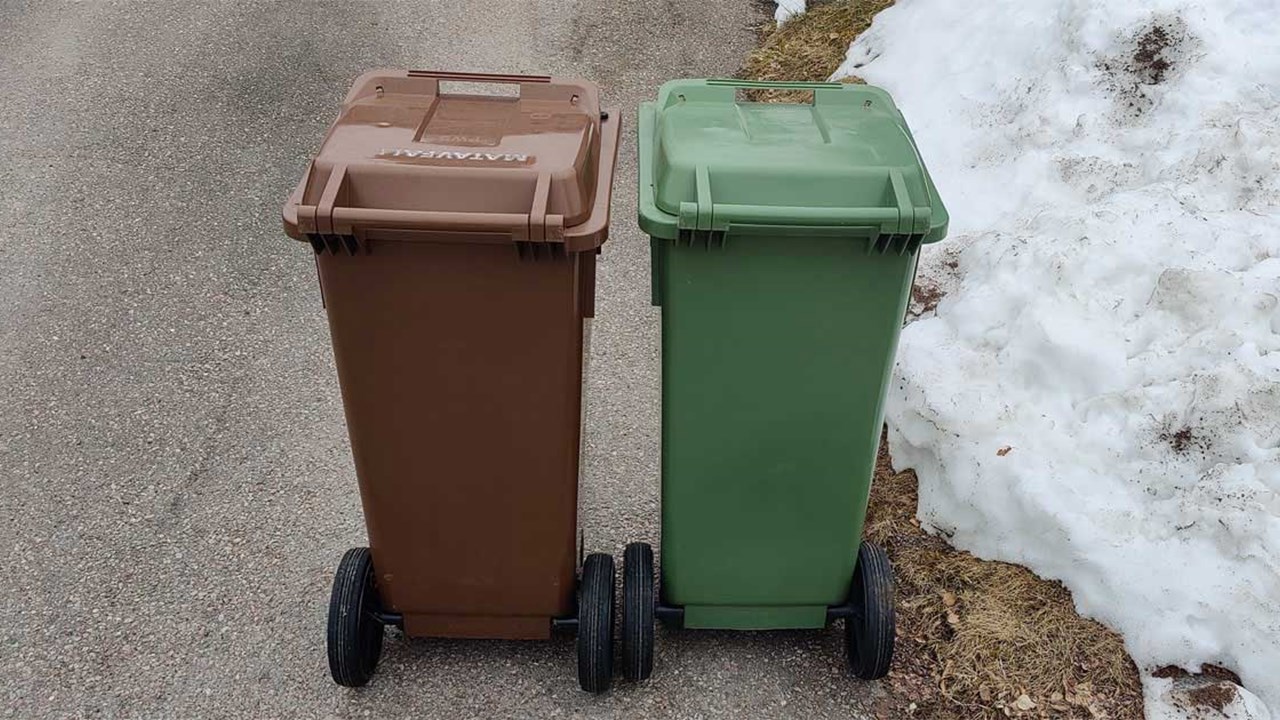 Brunt och grönt sopkärl