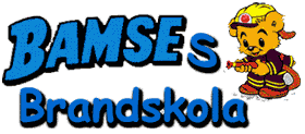 Bamse med vattenslang och texten Bamses brandskola