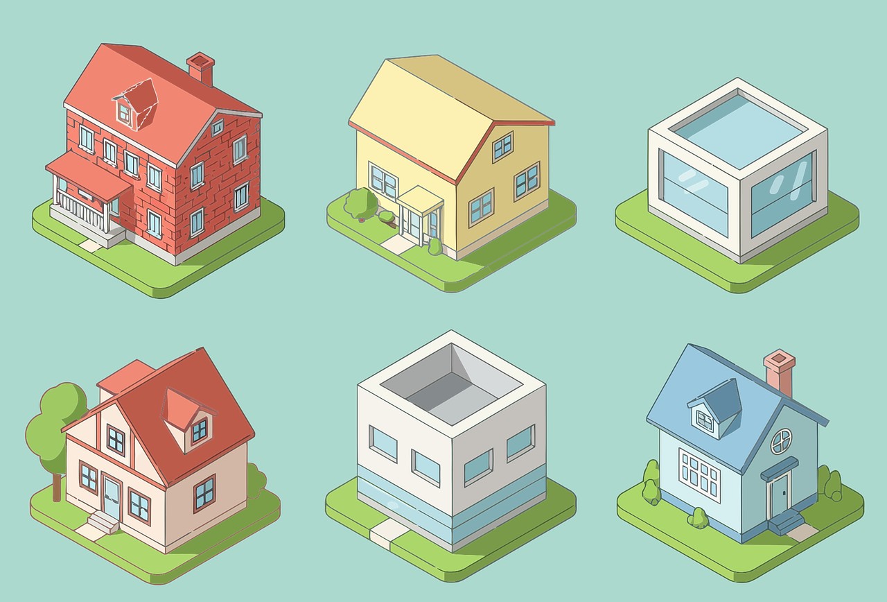 Sex tecknade hus i olika utformning